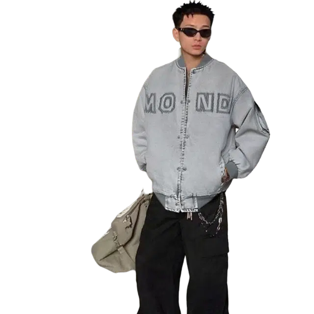 一碗士多 美式复古高街小众百搭简约字母个性时尚痞帅日常通勤户外徒步宽松舒适做旧水洗落肩袖夹克 男女同款