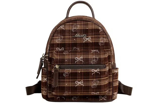 爱路喜 复古格纹蝴蝶结高级感通勤百搭时尚大学生出游背包书包 织物 双肩包 常规 女款 可可棕