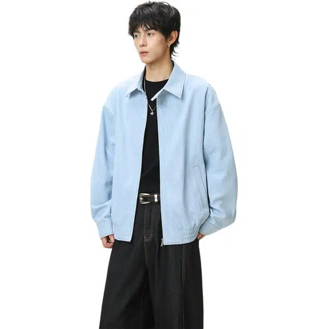 颂希尔 美式蓝白条纹外套男潮牌休闲百搭欧若风松弛感翻领上衣服夹克 男女同款