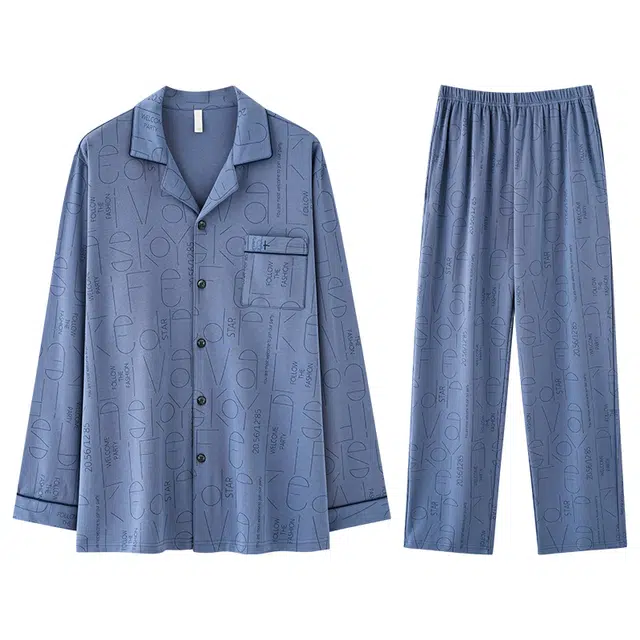 兰缪 男士春夏秋冬季纯棉简约长袖长裤青少年学生大码可外穿家居服睡衣套装 男款