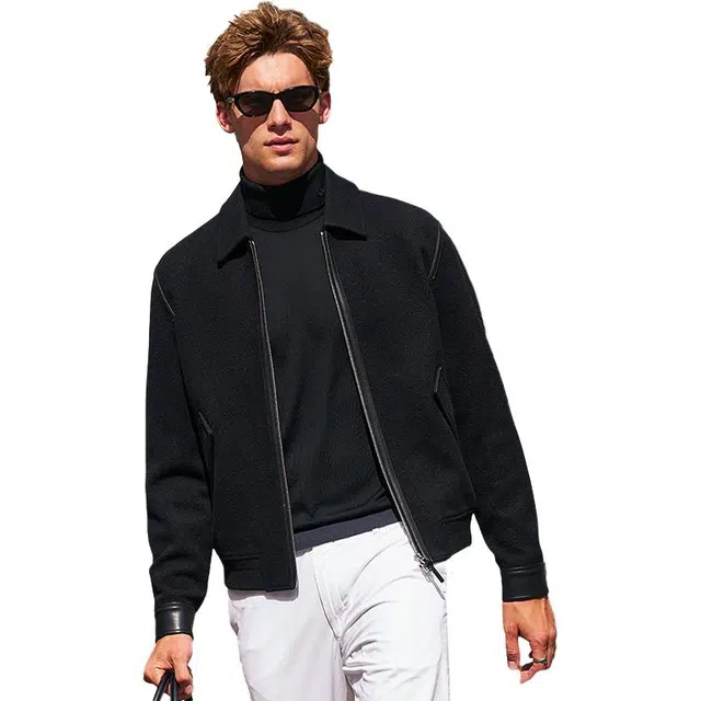 布先生 轻奢美丽诺羊毛宽松真皮拼接青春活力风长袖夹克外套 男款