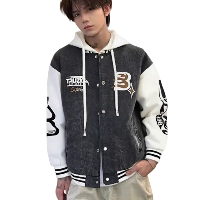 一碗士多 美式高街复古小众百搭假两件字母拼接撞色宽松舒适保暖防风通勤日常户外活动休闲棒球服夹克 男女同款