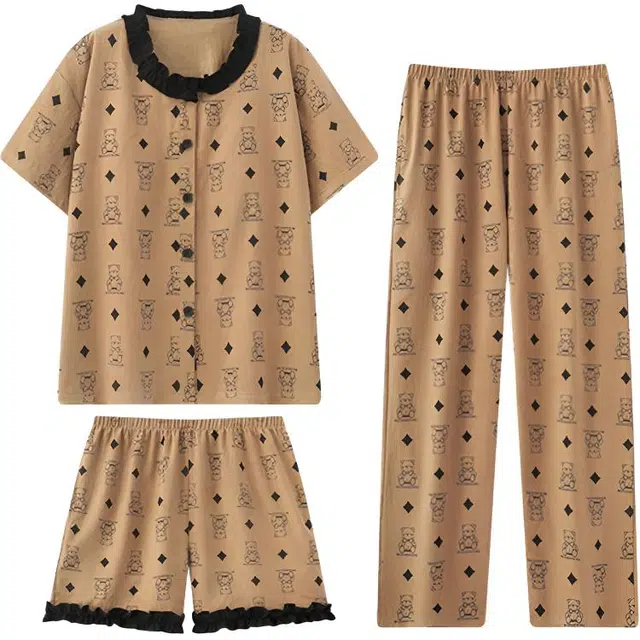 宜而爽 慵懒居家透气精致三件套家居服蕾丝花边小熊日常百搭舒适可外穿短袖简约逛街散步穿搭睡衣套装 女款