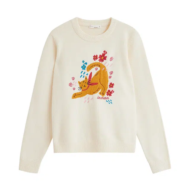 茵曼 氛围宽松宝藏美式约会早秋穿搭慵懒平价学院入秋时尚氛围简约立体萌宠刺绣圆领显瘦套头针织衫 女款