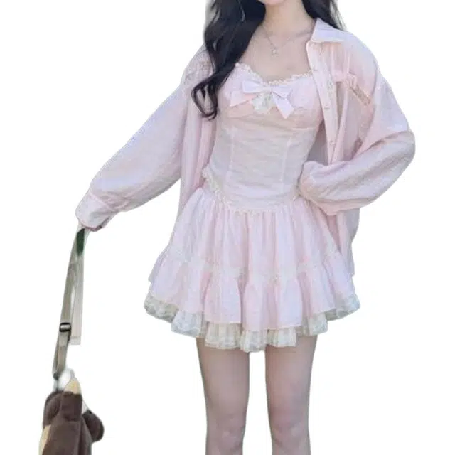 柏黛妃 法式小众甜美吊带蓬蓬蛋糕短裙宽松衬衫显瘦三件套裙装套装 女款