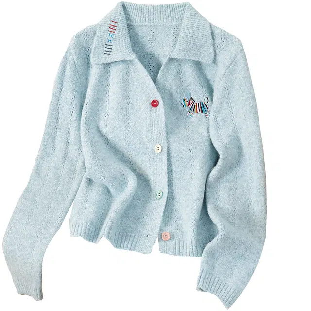 她池 甜美风撞色纽扣翻领短款卡通刺绣单排扣长袖针织衫 女款