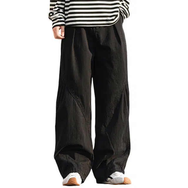 冈哉 明辑线拼接纯色褶皱工装裤美式复古直筒弯刀裤潮牌宽松阔腿拖地休闲裤 男女同款