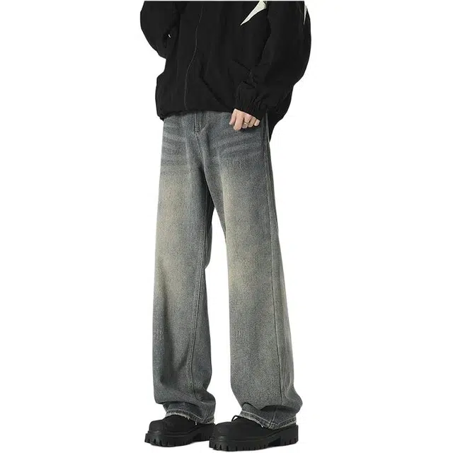 颂希尔 美式复古水洗垂感男潮牌宽松拖地长裤高街直筒休闲裤子牛仔裤 男女同款
