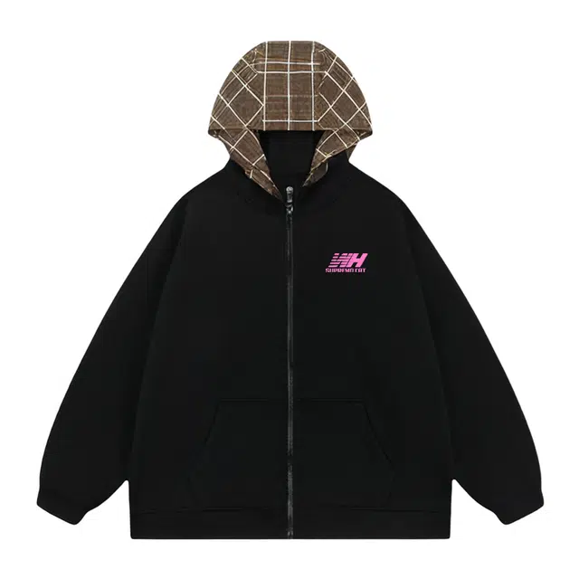 吾皇猫 美式复古学院风简约百搭字母印花时尚潮流拼色拼接连帽外套上衣舒适透气休闲宽松无性别穿搭长袖开衫卫衣 男女同款