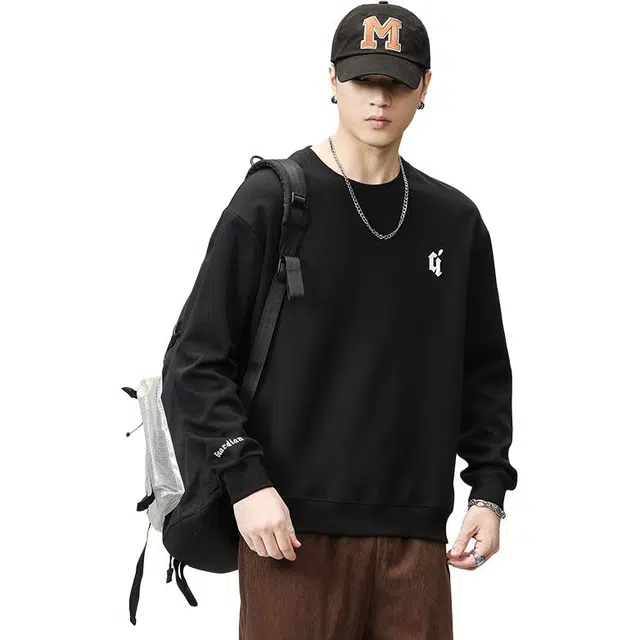 协协乐 春秋季宽松圆领套头长袖打底衫美式潮牌重磅直筒时尚刺绣设计小众款卫衣 男款