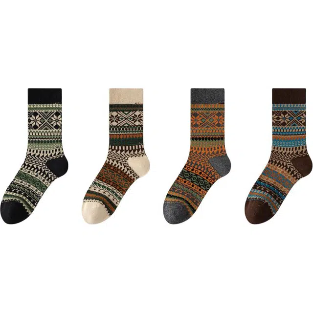 潞优野 复古民族风防抗菌脚气防臭吸汗花袜子棉袜秋冬季中筒袜 男款