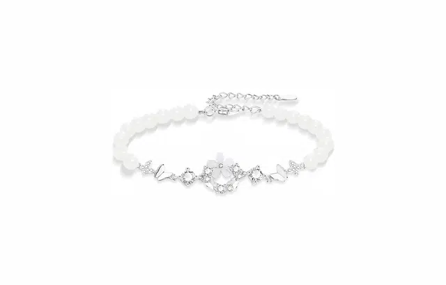 牧言 山茶花蝴蝶 森系气质温柔小众浪漫高级感 立体花朵镂空爆闪花环翩翩蝶舞微笑弧度拼接链串珠手饰 日常约会 白玉菩提 手链 女款