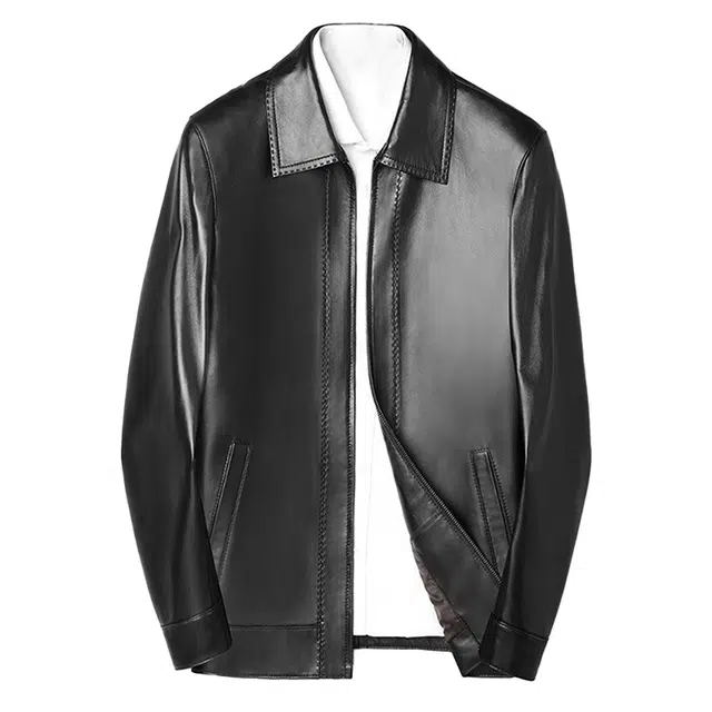 比利斯山羊 时尚休闲纯色长袖翻领真皮皮衣 男女同款