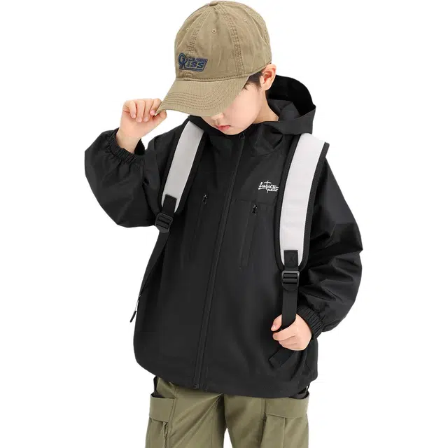 儿童款 左西 纯色连帽防风防水休闲拉链长袖冲锋衣