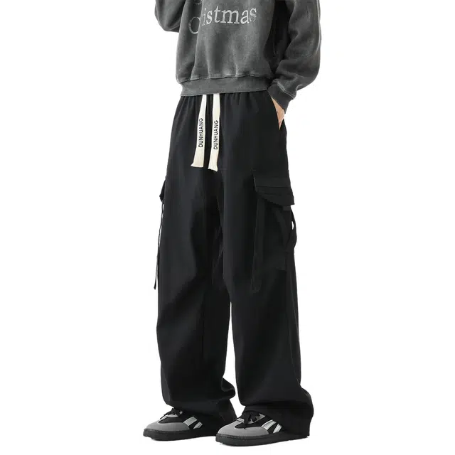 敦煌博物馆 美式高街复古户外基础款侧边大口袋系带机能风降落伞裤潮流百搭宽松直筒大码透气阔腿垂感拖地工装裤 男女同款