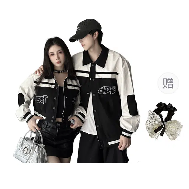 涂诗菲 美式机车风气质百搭潮流设计感撞色字母外套皮夹克情侣套装