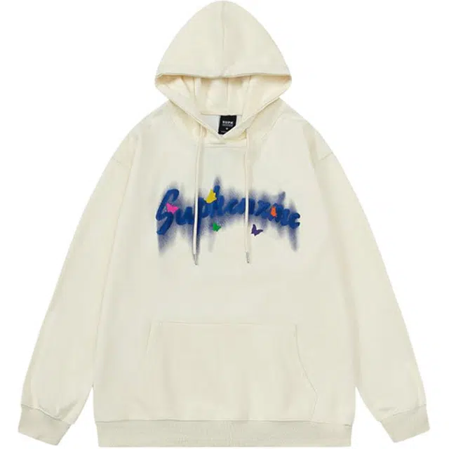 邓大喵 国潮美式蝴蝶印花连帽女情侣宽松长袖上衣帽衫秋冬卫衣 女款