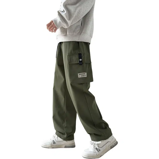 尘映 美式高街时尚潮流舒适早秋冬百搭系绳松紧腰设计多口袋户外休闲宽松束脚长裤穿搭工装裤 男女同款