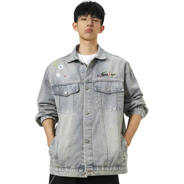 佐菲利 美式复古高街时尚百搭刺绣花卉短潮流宽松牛仔外套 男女同款