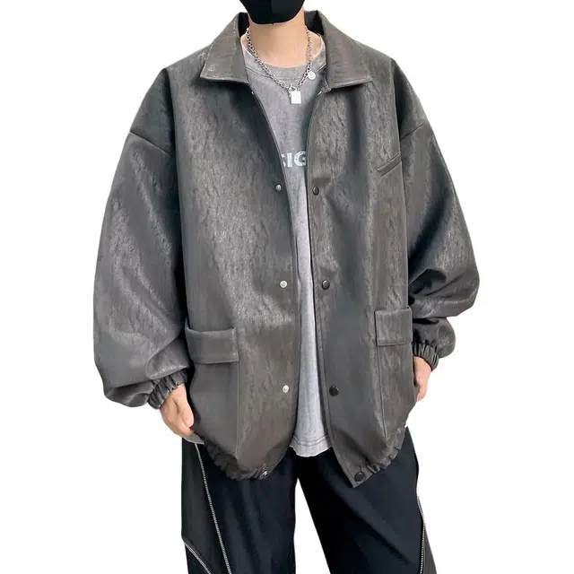 冈哉 美式复古简约工装机车鳞片纹理皮衣休闲翻领痞帅个性潮流潮牌时尚日常通勤舒适亲肤户外皮夹克 男女同款