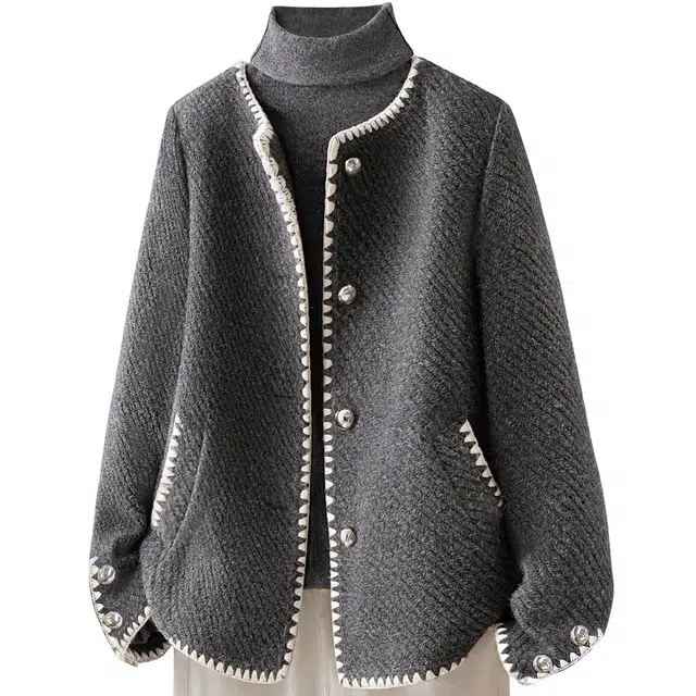 丝柏舍 撞色刺绣圆领绵羊毛单排扣宽松款休闲时髦长袖截短外套 女款