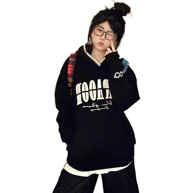 桴生 纯棉美式高街字母贴布刺绣连帽宽松学院风百搭休闲复古时尚特大码卫衣 女款