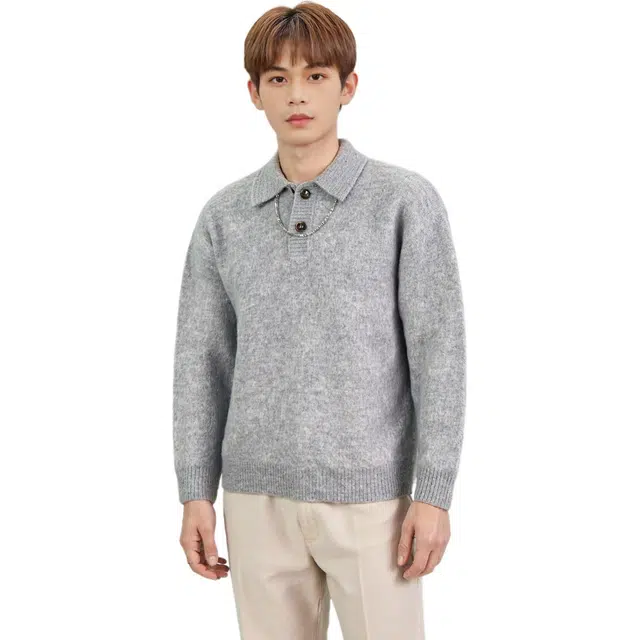 艾梵斯贝 美式复古英伦风简约设计感老钱风翻领宽松休闲商务针织高级感气质青年日常通勤百搭慵懒风毛衣 男款