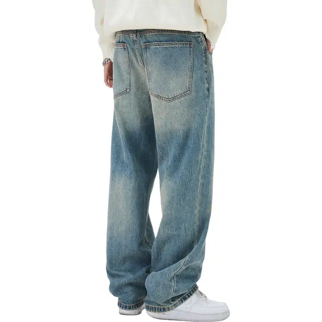 隐狼世家 美式复古水洗男宽松直筒阔腿休闲裤子牛仔裤 男款