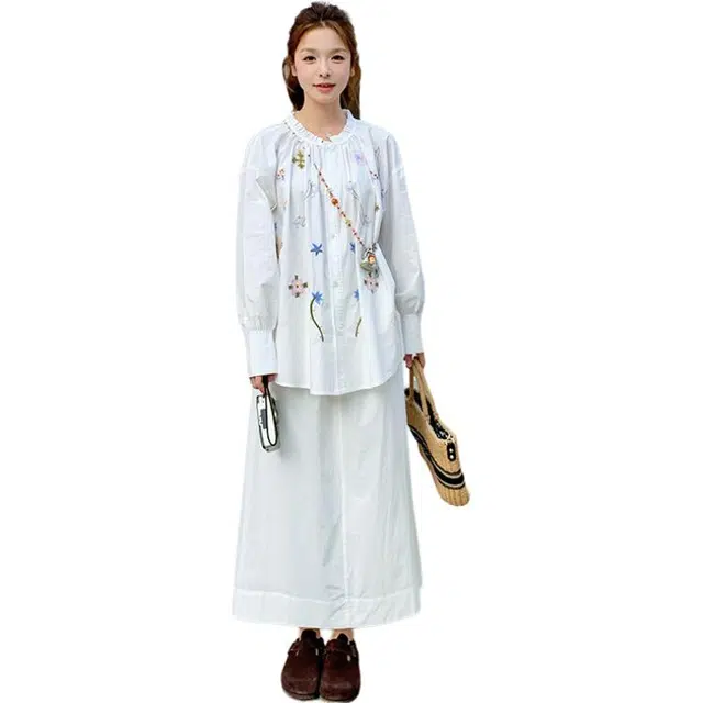 稻草人 刺绣度假风休闲衬衫上衣高腰半身裙两件套裙装套装 女款