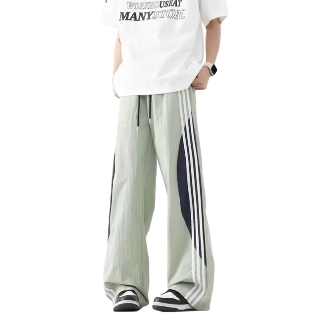虫小绿 美式高街侧边拼接织带设计速干透气冰丝凉感降落伞工装裤宽松阔腿坠垂感显瘦百搭运动裤伞兵裤直筒休闲裤 男女同款