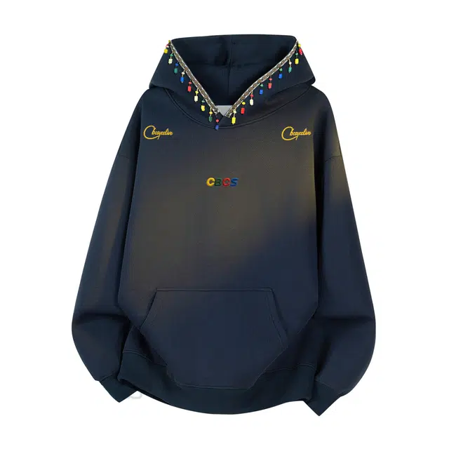 草本初色 创意帽檐彩色珠串流苏设计高街无性别主义复古简约潮流重磅仿刺绣字母印花连帽落肩休闲时尚宽松百搭日常套头长袖卫衣 男女同款