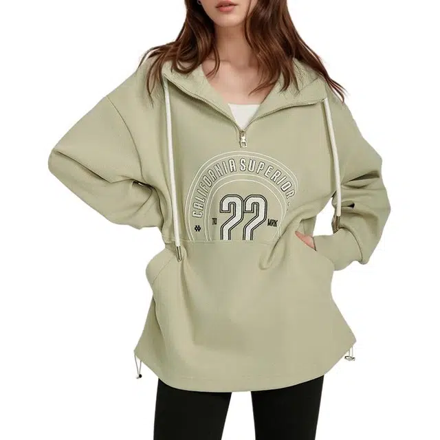 莫代尔 美式复古上衣字母印花连帽长袖通勤卫衣 女款