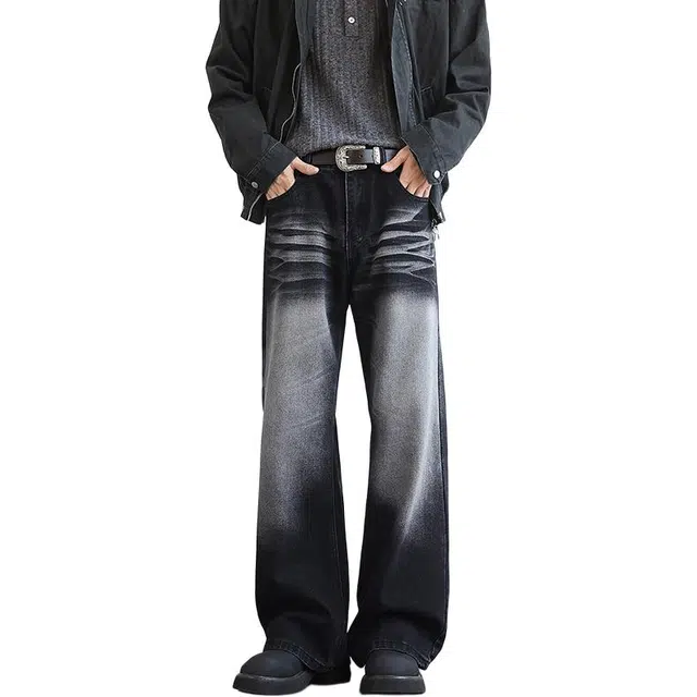 半空山 美式复古高街水洗做旧高质感猫须纹扎花重工艺百搭宽松柔软舒适日常通勤微喇牛仔裤 男女同款