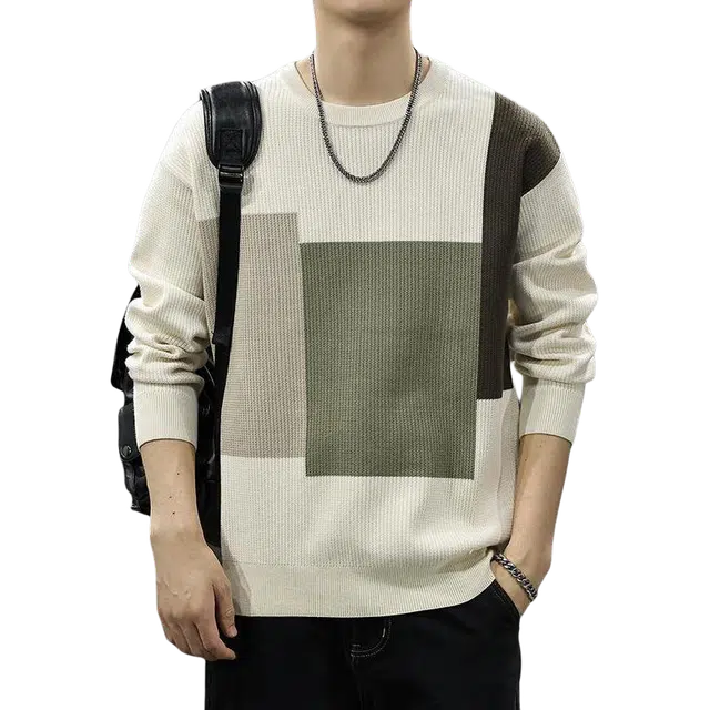 前进牛 秋冬美式休闲复古经典潮牌新中式通勤风拼接撞色套头圆领打底衫潮流居家雅痞保暖肤百搭针织衫 男女同款