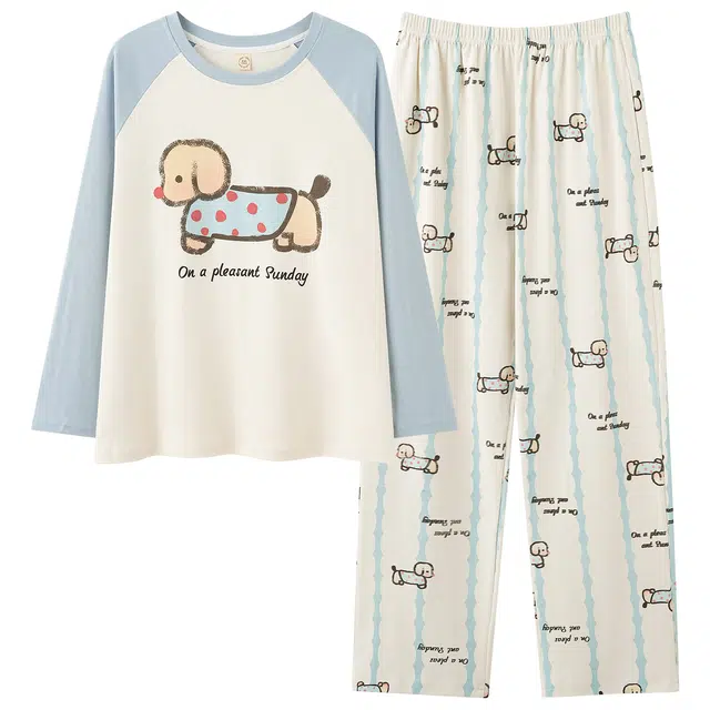 俏韵 圆领卡通春秋季纯棉简约长袖长裤甜美可爱舒适薄款家居服可外穿睡衣套装 男女同款