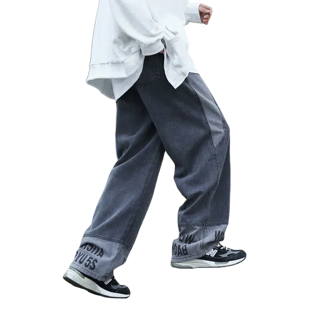 一碗士多 美式高街小众百搭简约拼接字母做旧日常通勤户外运动垂感阔腿直筒拖地基础款牛仔裤 男女同款