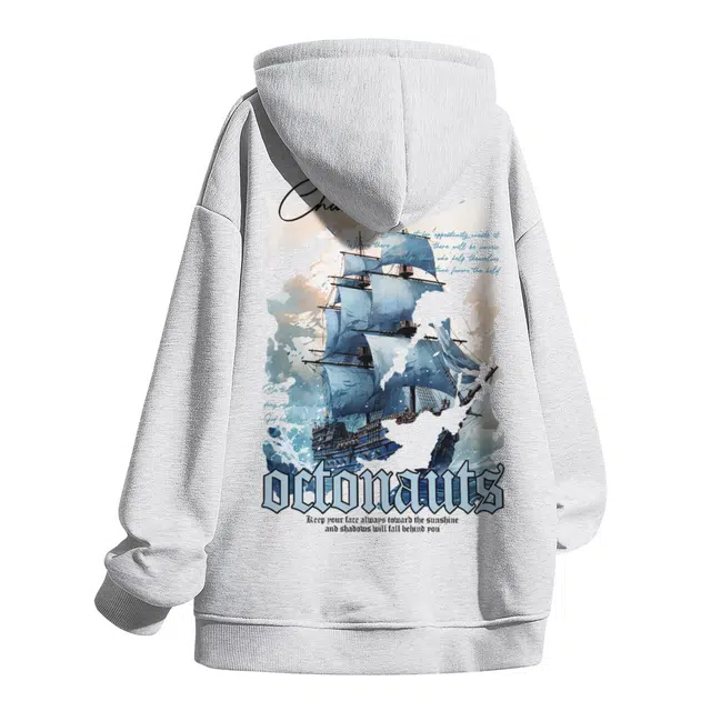 海底小纵队 美式高街一艘帆船镂空字母印花连帽衫街头百搭时髦无性别上衣宽松版型春秋外套氛围感长袖口袋学生党卫衣 男女同款