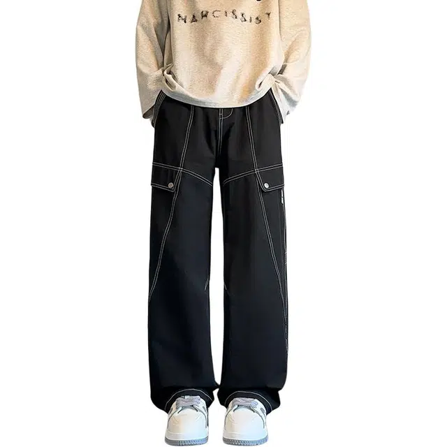 佐菲利 明线解构美式高街宽松小众设计感水洗直筒阔腿长裤牛仔裤 男女同款