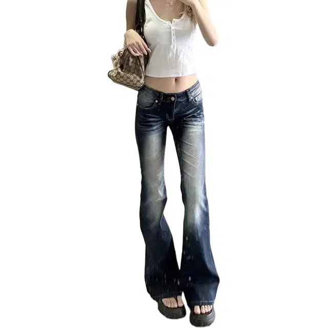 如续 美式高街设计感低腰微喇女修身显瘦高个子加长辣妹拖地裤子牛仔裤 女款