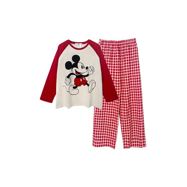 贝妍 柔软棉长袖格子卡通圆领宽松套头式长裤睡衣套装 女款