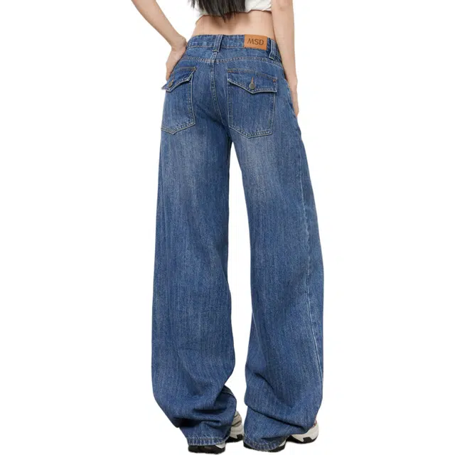 玫丝朵 水洗直筒低腰舒适拖地牛仔裤 女款 复古蓝