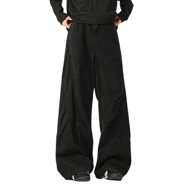 冈哉 立体裁剪褶皱拼接设计美式复古纯色简约百搭伞兵工装裤宽松直筒阔腿长裤休闲裤 男女同款