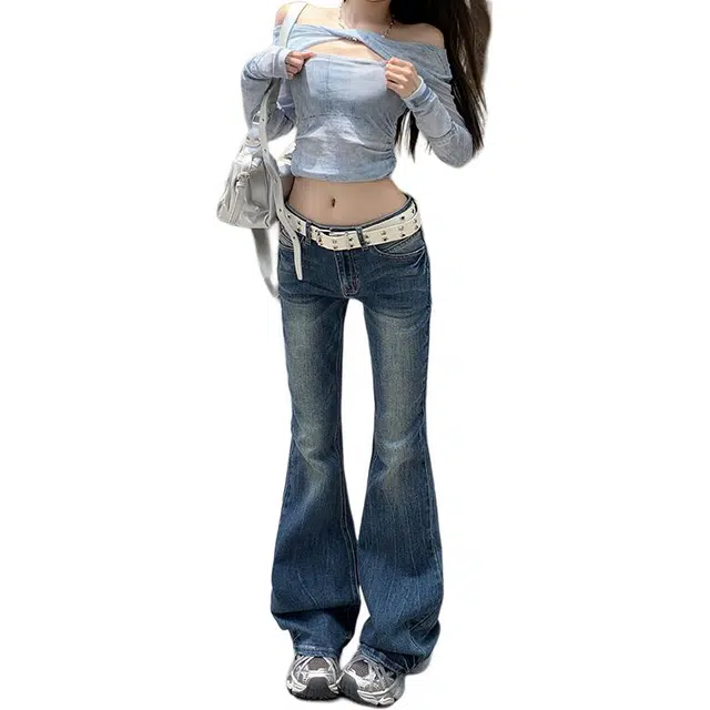 如续 街头漫步美式低腰美少女经典显瘦微喇阔腿裤拖地休闲裤牛仔裤 女款