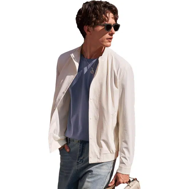 布先生 轻薄单排扣立领纯色正肩简约休闲风长袖夹克外套 男款