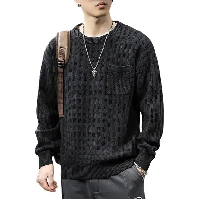 前进牛 美式休闲经典复古潮牌居家轻奢侘寂圆领潮流极简风雅痞宽松休闲大码打底套头长袖针织衫 男女同款