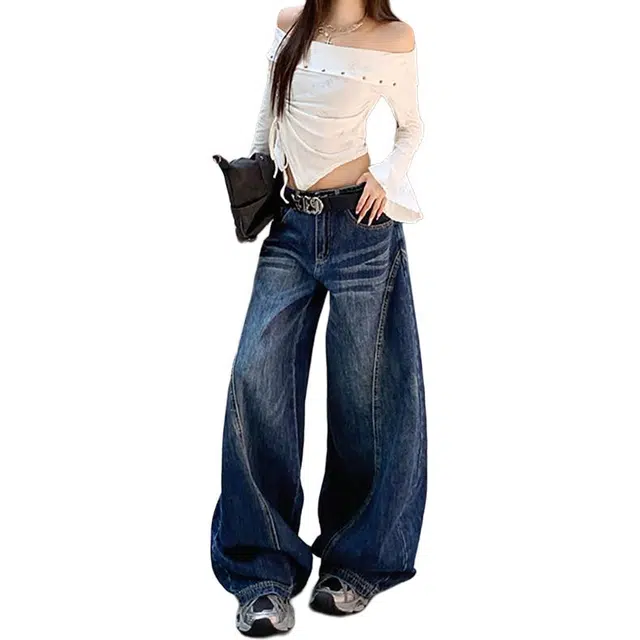如续 抓痕弯刀裤女美式复古水洗宽松阔腿拖地裤子小个子款牛仔裤 女款