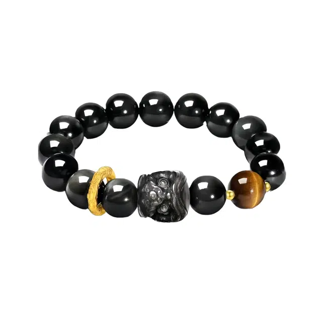 丰运阁 【做个有钱人】八方来财醒狮安康纳福时来运转祥云 招财吞金兽十二生新中式国潮进宝酷炫百搭男朋友 好运 黑曜石 手串 男款