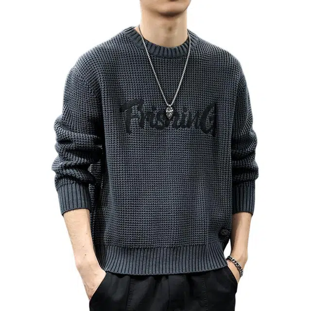 前进牛 秋冬美式休闲极简风轻奢高级感粗针菠萝纹潮流高街痞帅重磅宽松圆领针织衫 男女同款