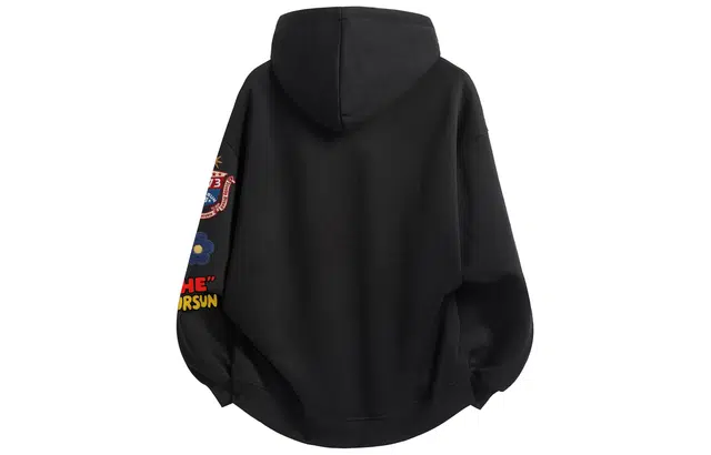 宜而爽 美式潮流街头创意袖标复古徽章仿贴布绣图案卡通字母印花宽松休闲百搭无性别主义简约日常通勤长袖开衫连帽卫衣 男女同款