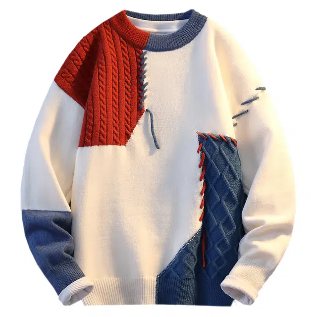 百胜狐 百胜狐圆领拼色男秋冬季宽松潮牌保暖青少年慵懒风休闲打底衫针织衫 男款